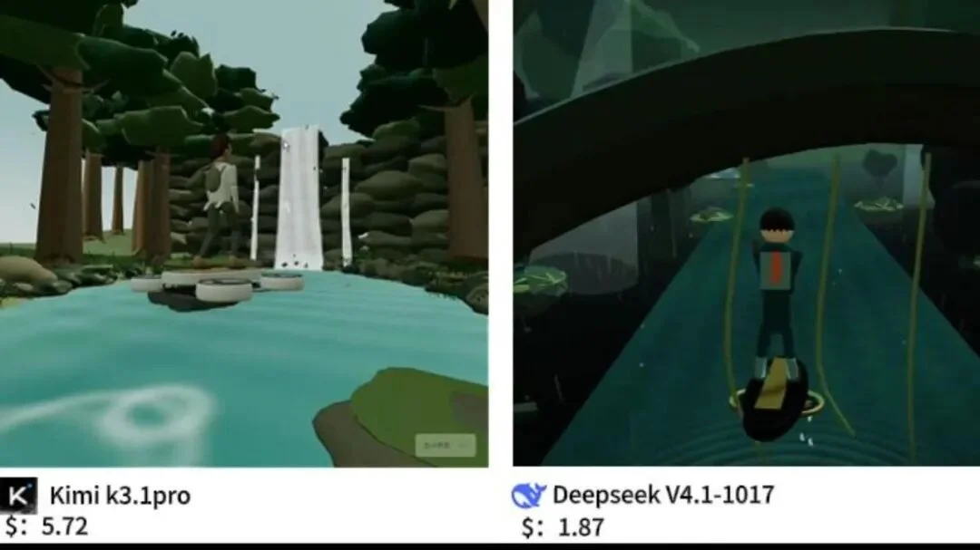 Kimi K3.1 Pro and DeepSeek V4.1 renders compared side by side, with session meters reading 5.72 and 1.87 dollars